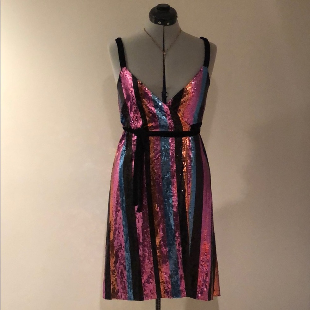 Striped sequin wrap dress